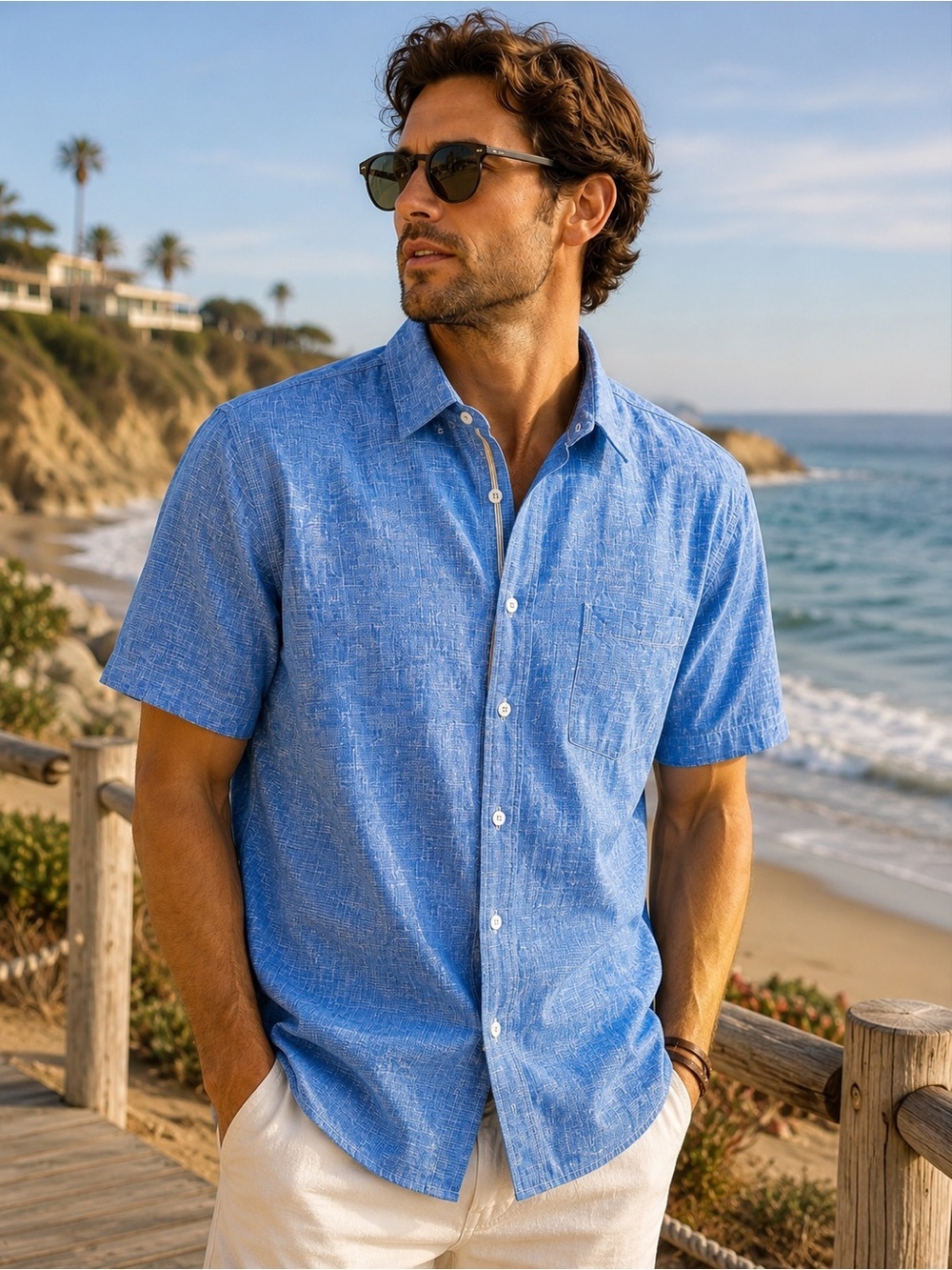 Bugatchi Uomo Shaped Fit Blue Textured 100% Cotton Short Sleeve Button-Up Shirt